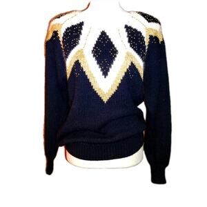 Vintage Dana Scott Womens L Sweater Black & Cream Gold Beads Party Holiday
